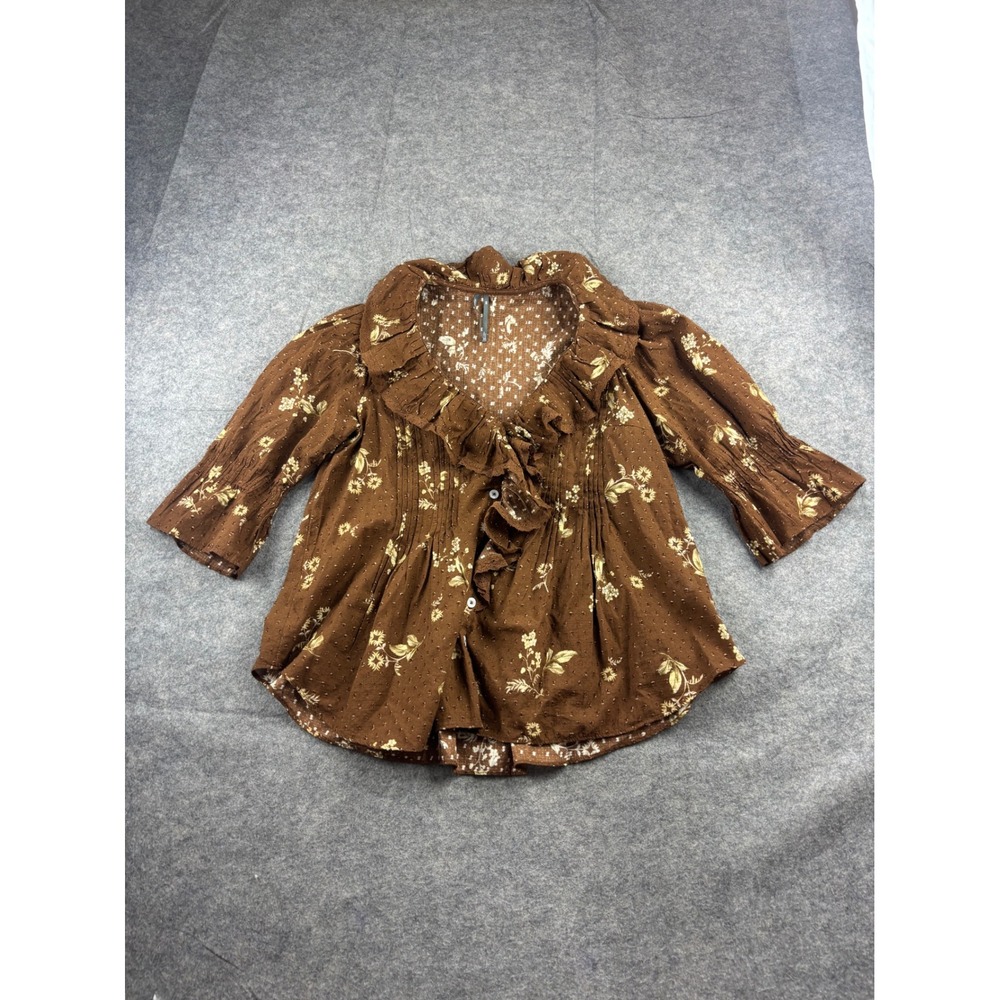 Anthropologie Brown Floral Ruffle Pintuck Blouse Womens XXS Peasant Boho Prairie